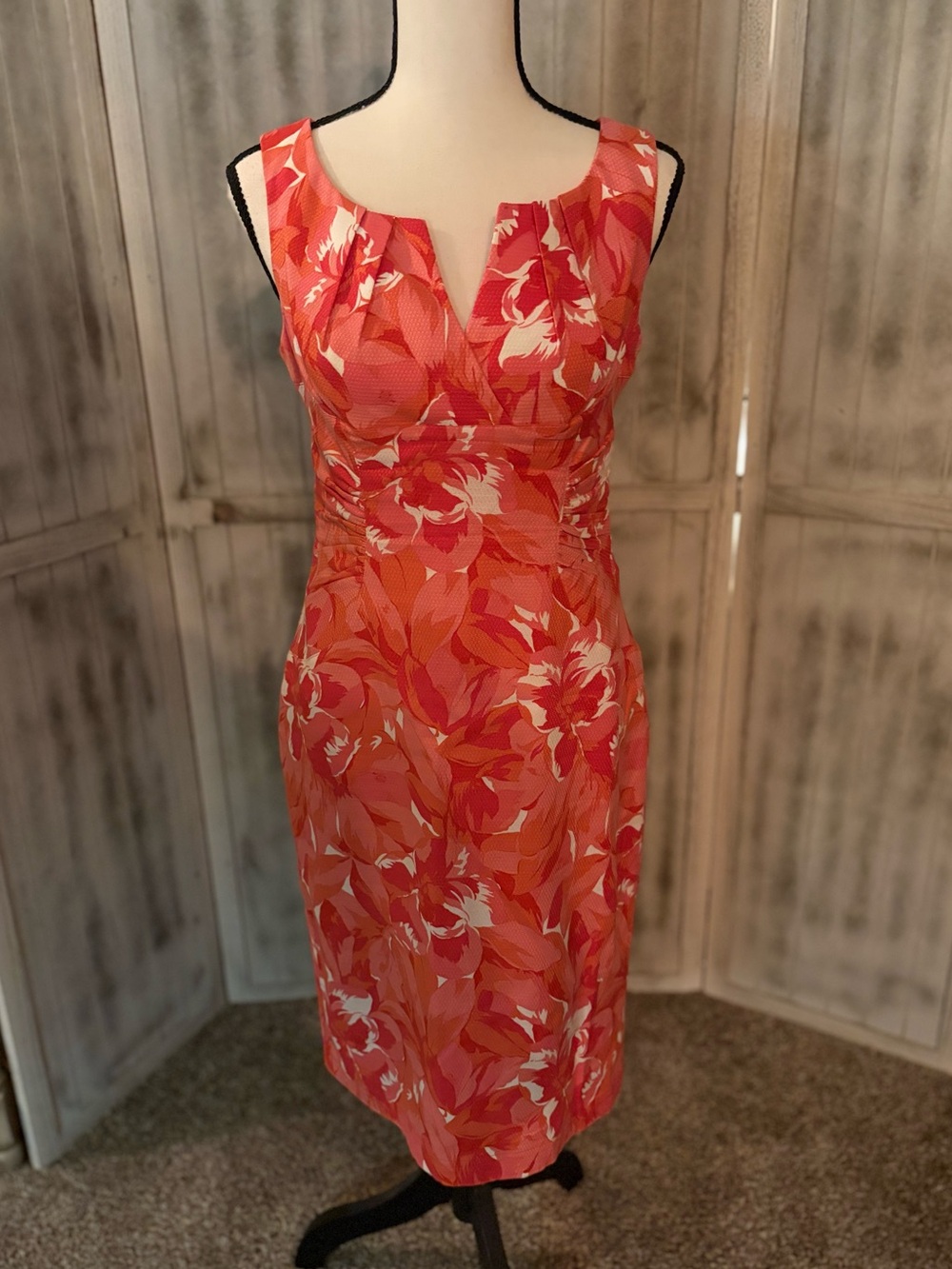 Adrianna Papell Coral and White Floral Midi Sheath Dress